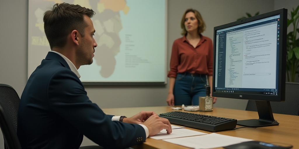 a man sitting at a desk with a woman behind him and a computer monitor on the desk with a woman stan