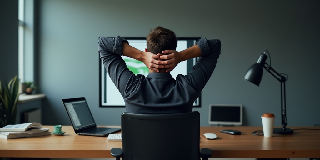 a man sitting at a desk with his hands behind his head and a laptop on his desk in front of him, And