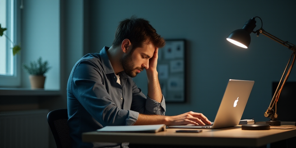 a man sitting at a desk with his head in his hands and a laptop on his desk next to him, Évariste V