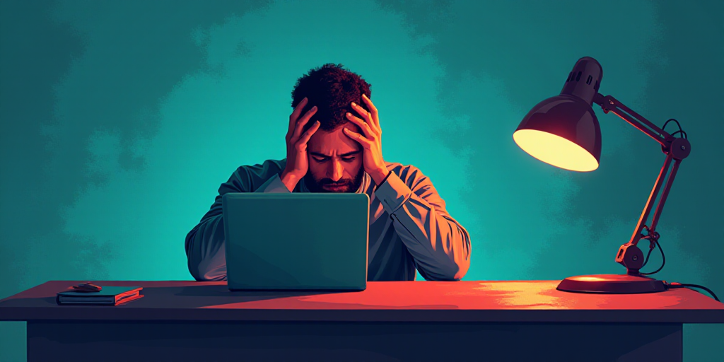 a man sitting at a desk with his head in his hands and a laptop on his lap in front of him, Évarist