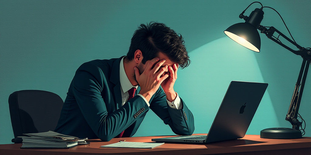 a man sitting at a desk with his head in his hands and a laptop on his lap in front of him, Évarist