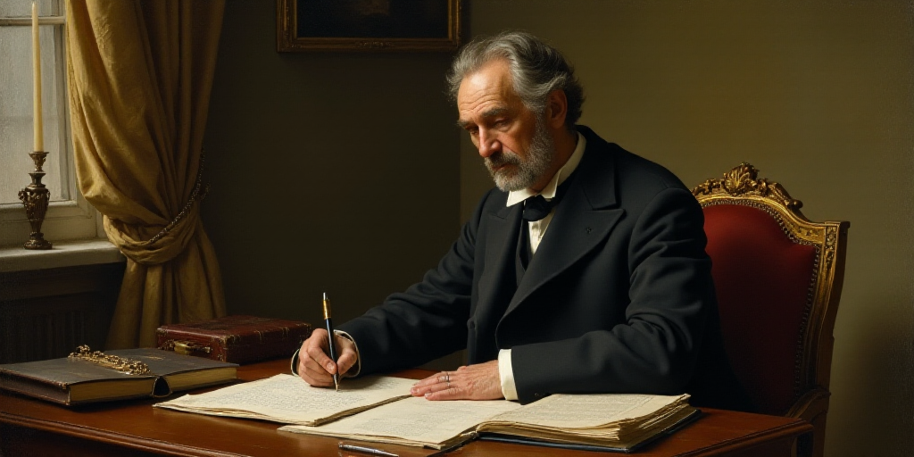 a man sitting at a desk with papers and a pen in his hand and a book in his lap, Charles Alphonse du