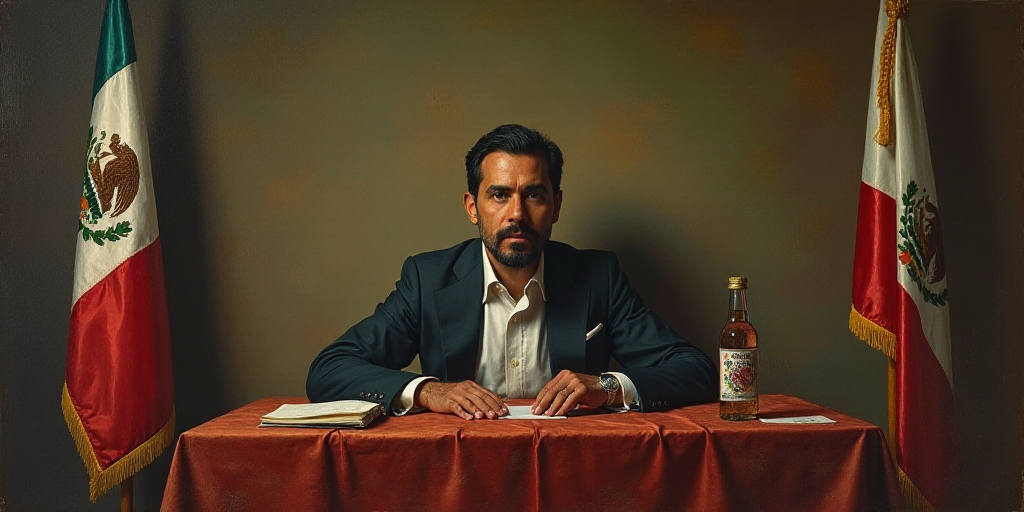 a man sitting at a table with two flags in front of him and a table with water bottles and a flag, C