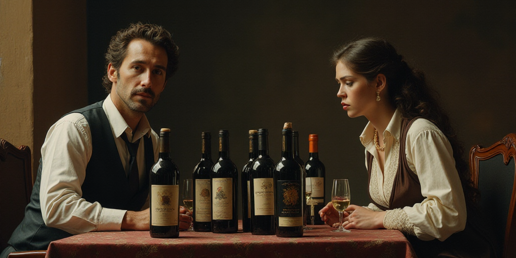 a man sitting at a table with a bunch of bottles of wine in front of him and a woman sitting at a ta