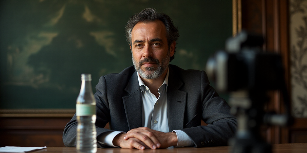 a man sitting at a table with a bottle of water in front of him and a camera behind him, Emiliano Po