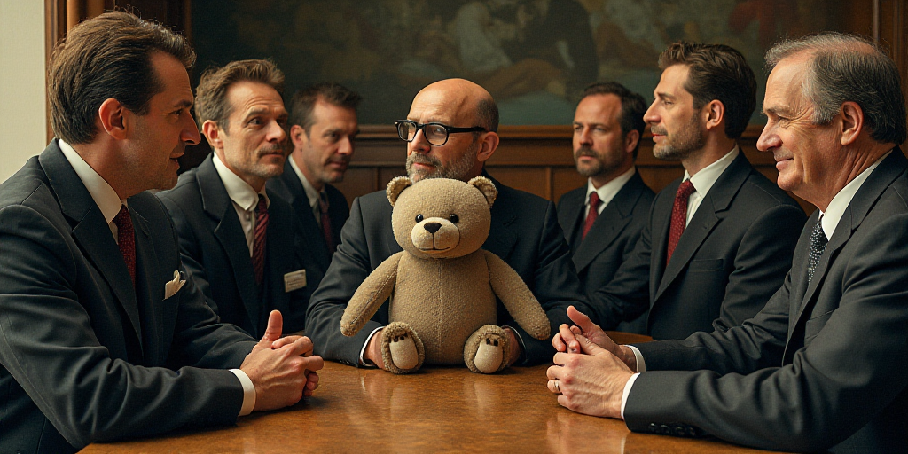 a man sitting at a table with a stuffed animal in front of him and other men sitting around him, ESA