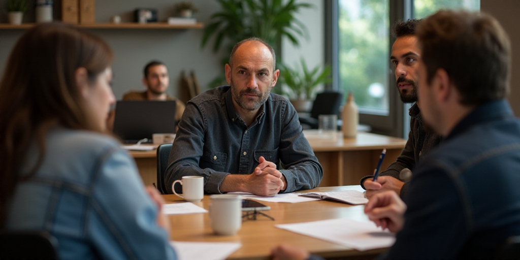 a man sitting at a table with a group of people around him talking to each other and having a conver