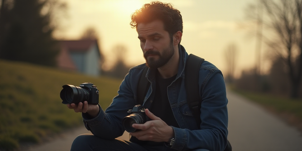 a man sitting down while holding a camera in his hand and a camera in his other hand, with a blurry