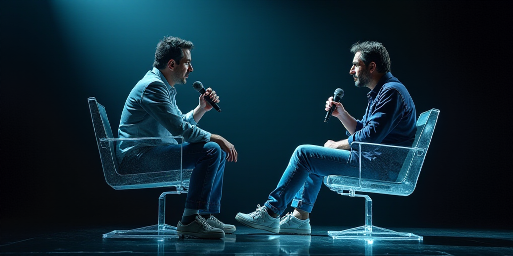 a man sitting in a chair talking to someone on a stage behind him with a microphone in his hand, Agu