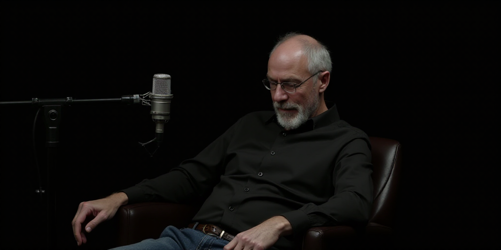 a man sitting in a chair with a microphone in front of him and a microphone in the background with a