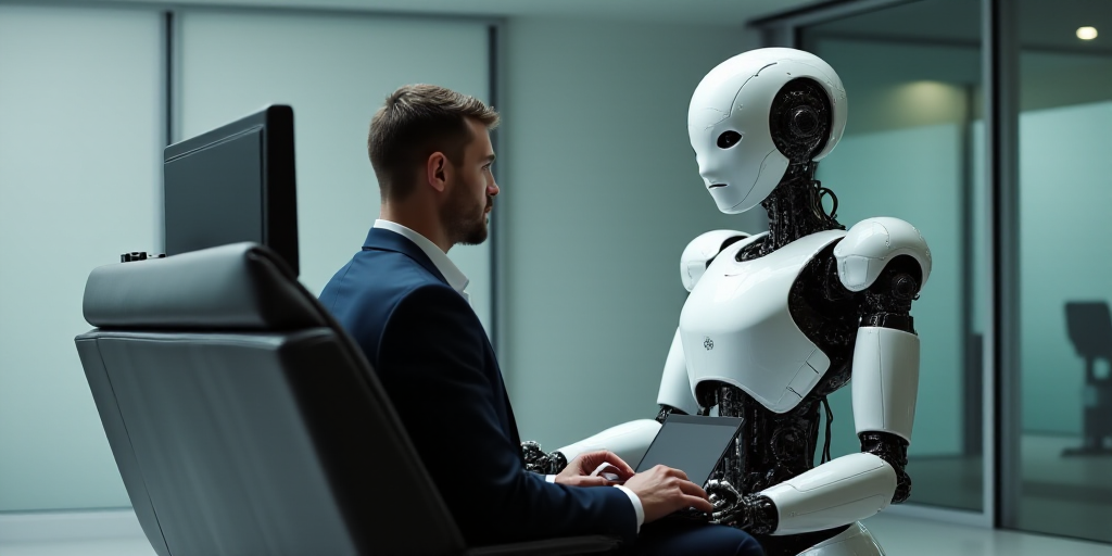 a man sitting in a chair with a laptop in front of him and a robot behind him, both of which are wea