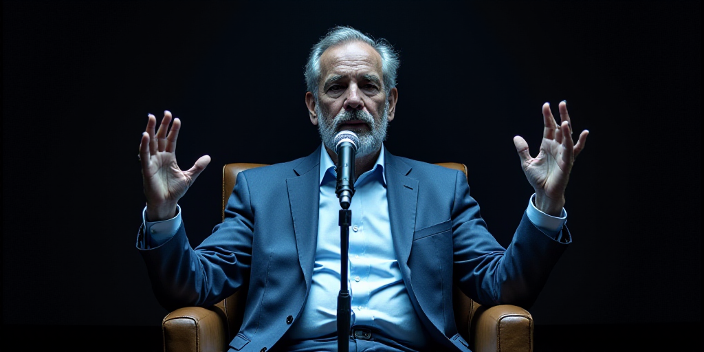 a man sitting in a chair with his hands up in front of him and a microphone in front of him, Agustí
