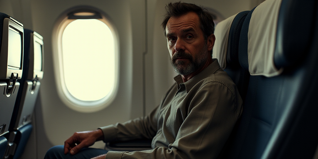 a man sitting in a seat on an airplane looking at the camera with a window behind him and a televisi