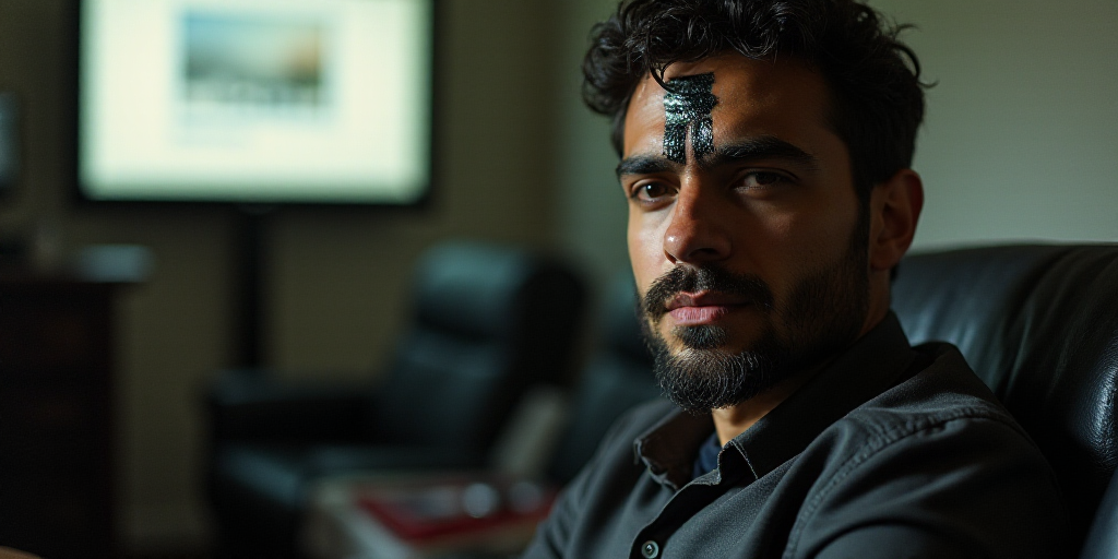 a man sitting in a seat with a black strip on his forehead and a tv in the background with a window,