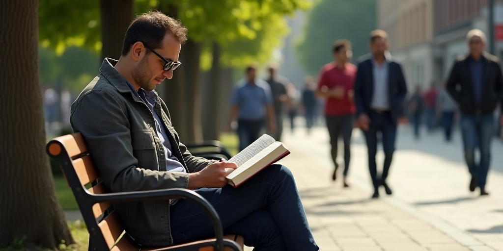 a man sitting on a bench reading a book while others walk by him on a sidewalk in the background, Es