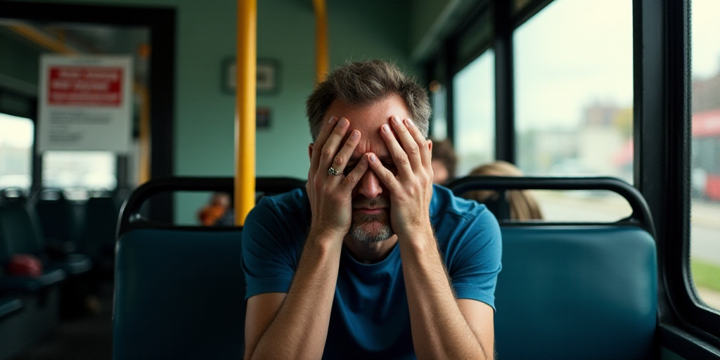 a man sitting on a bus holding his head in his hands and covering his eyes with his hands, with a si