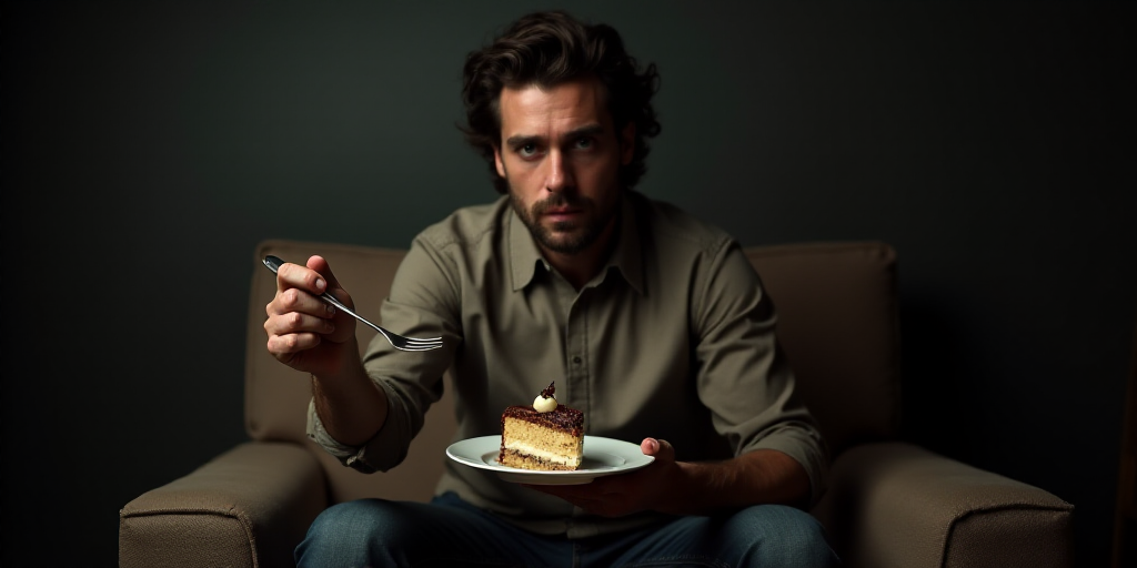 a man sitting on a couch holding a fork and a piece of cake in his hand while looking at the camera,