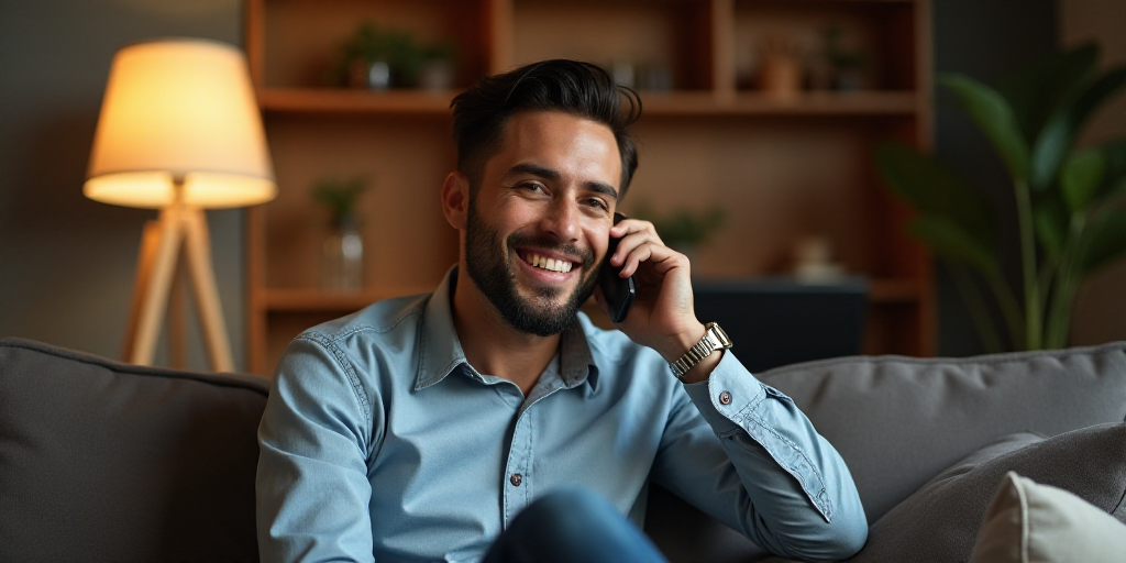 a man sitting on a couch talking to someone on the phone and smiling at the camera with a smile on h