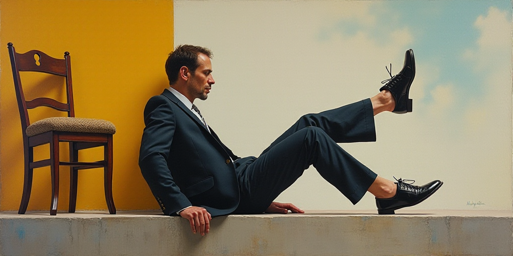 a man sitting on a ledge with his feet up and his leg up in the air, with a chair in the background,
