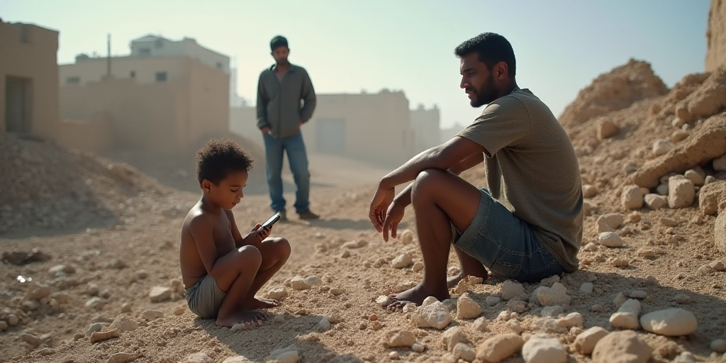 a man sitting on a pile of rubble next to a child on a cell phone and a man standing in the backgrou