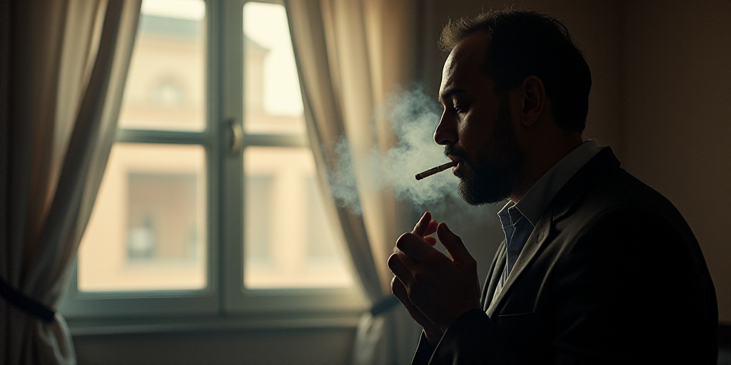 a man smoking a cigarette in a room with a window behind him and a window behind him with a curtain,