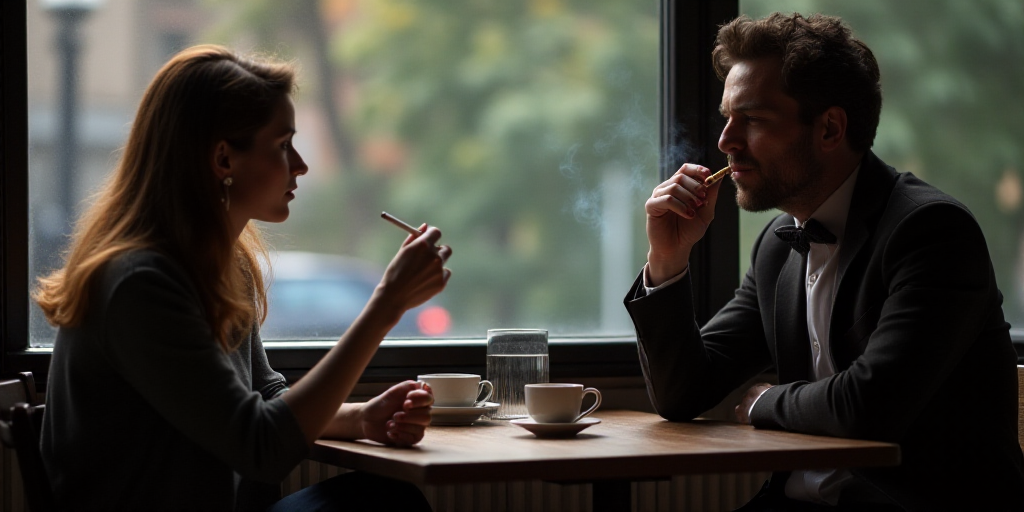 a man smoking a cigarette next to a woman sitting at a table with a cup of coffee and a cigarette in