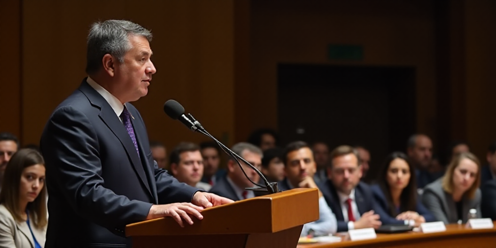 a man speaking at a podium with other people sitting at a table behind him and a microphone in front