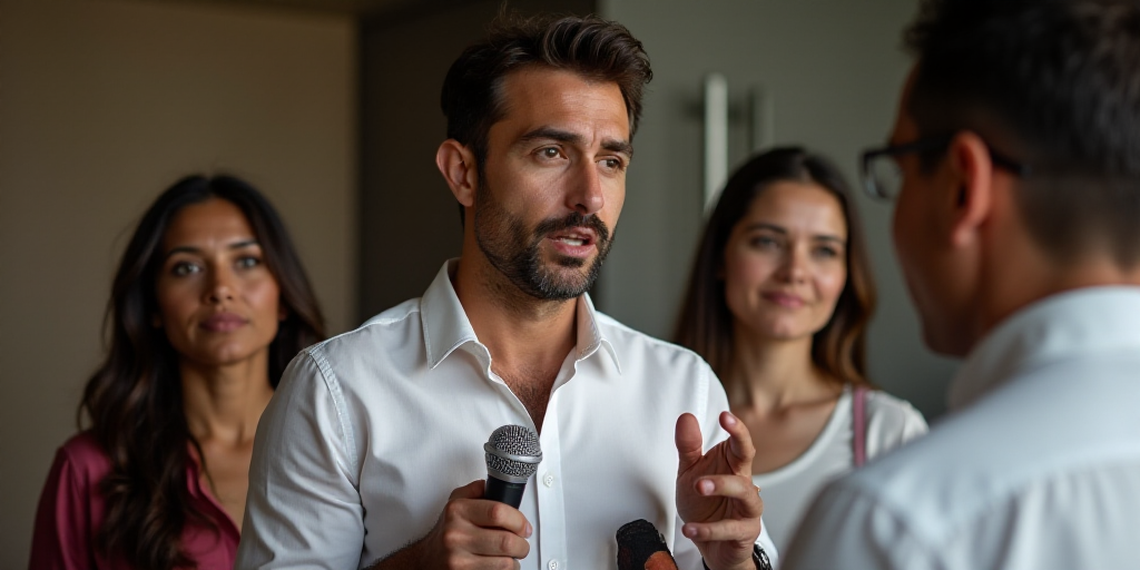 a man speaking into a microphone while two women watch from behind him and a man in a white shirt is