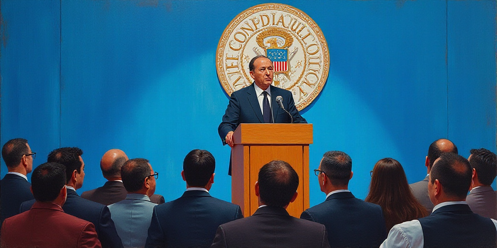 a man standing at a podium giving a speech to people in front of a blue background with a seal on it