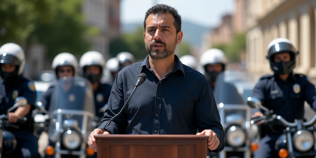 a man standing at a podium in front of police motorcycles and a police officer behind him with a mic