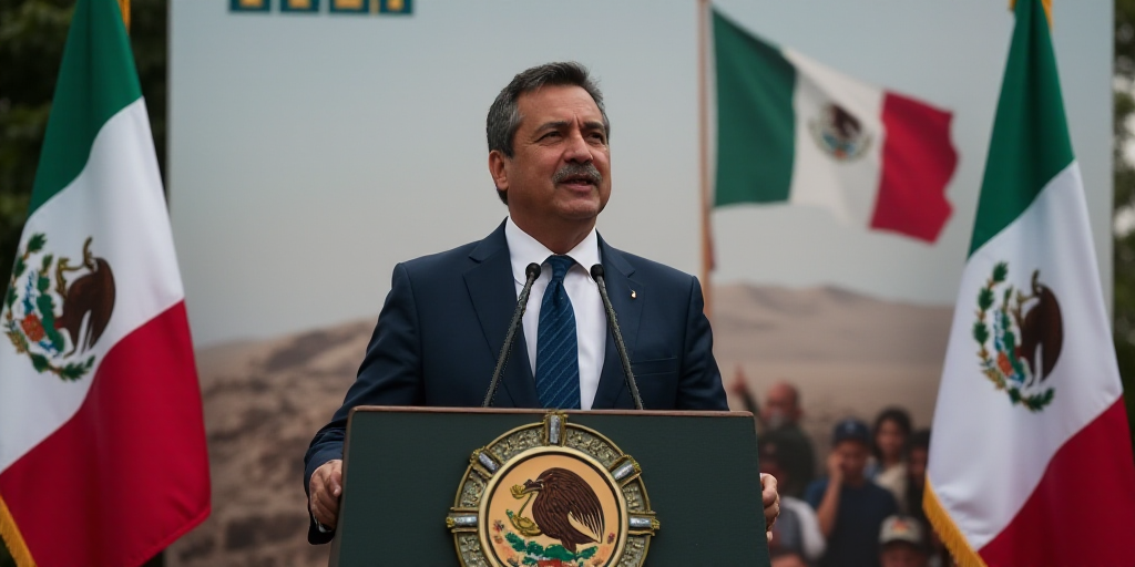 a man standing at a podium in front of a sign with a mexican flag on it and a mexican flag hanging f