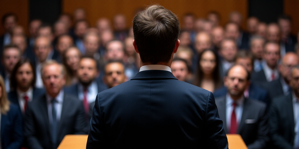 a man standing at a podium in front of a crowd of people in suits and ties, with a microphone in fro