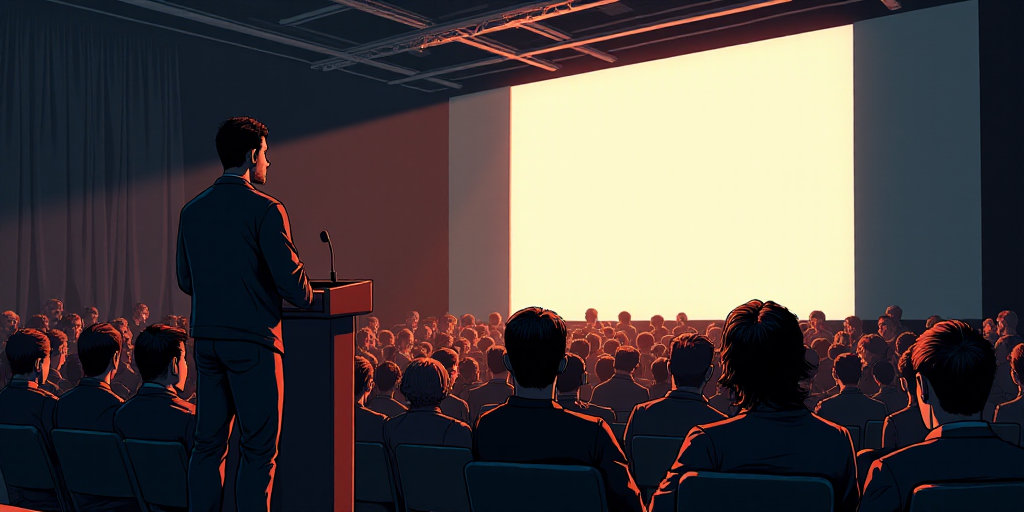 a man standing at a podium in front of a crowd of people on a stage with a projector screen, Federic