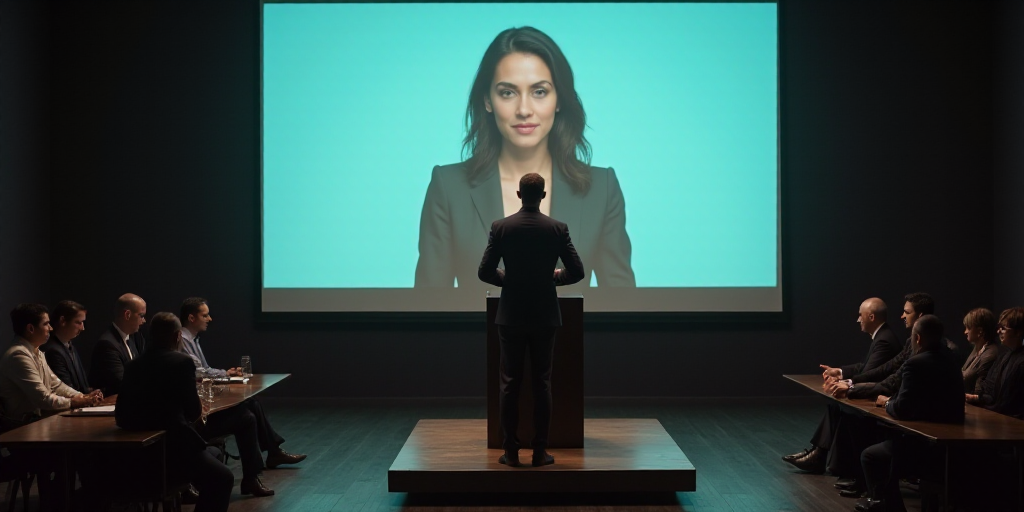 a man standing at a podium in front of a large screen with a woman on it and other people sitting at