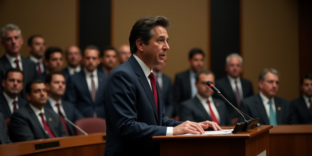 a man standing at a podium in front of a crowd of people in suits and ties, with a microphone in fro