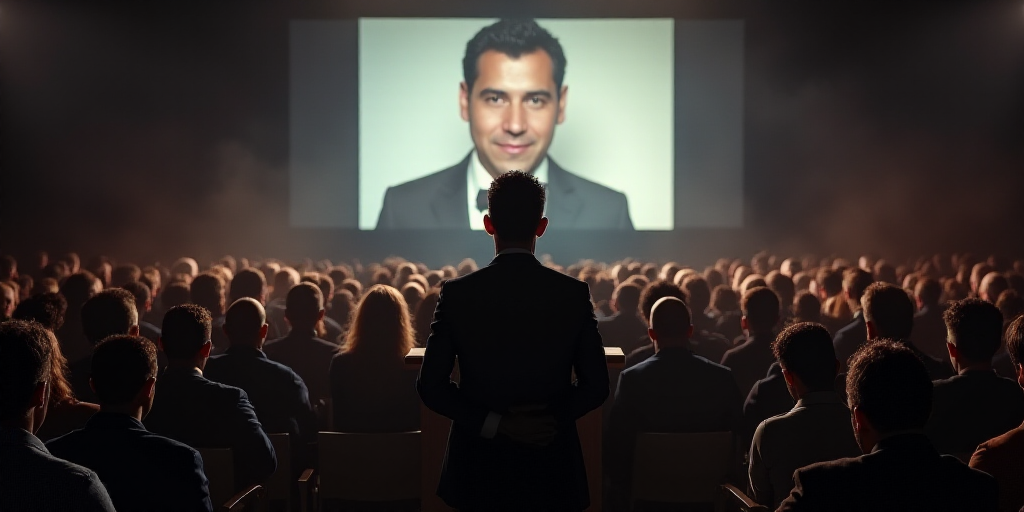 a man standing at a podium in front of a crowd of people in front of a screen with a picture of a ma