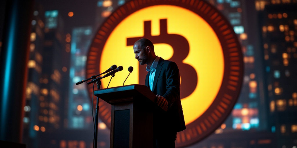 a man standing at a podium in front of a bitcoin sign and microphones in front of him, Charles Fremo