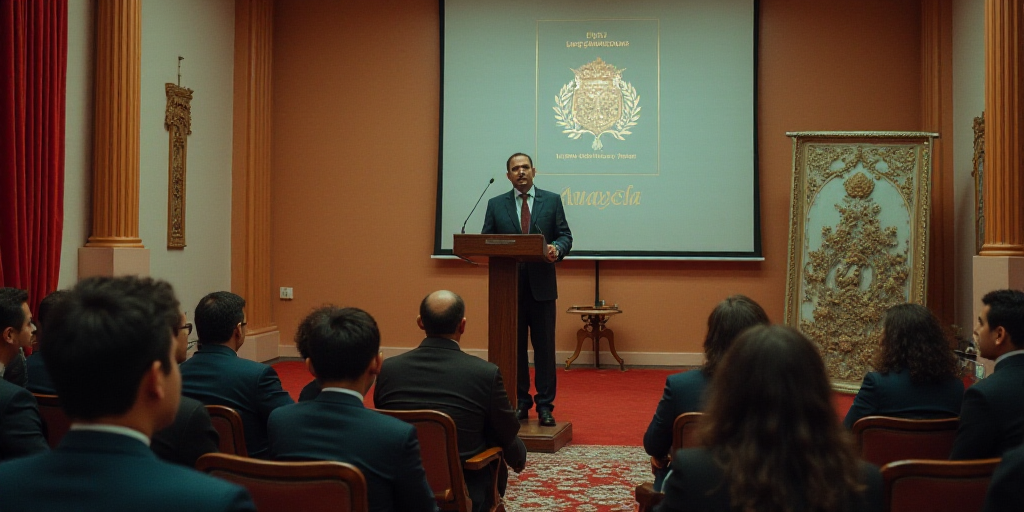 a man standing at a podium in front of a crowd of people in chairs and a banner behind him, Carlos F
