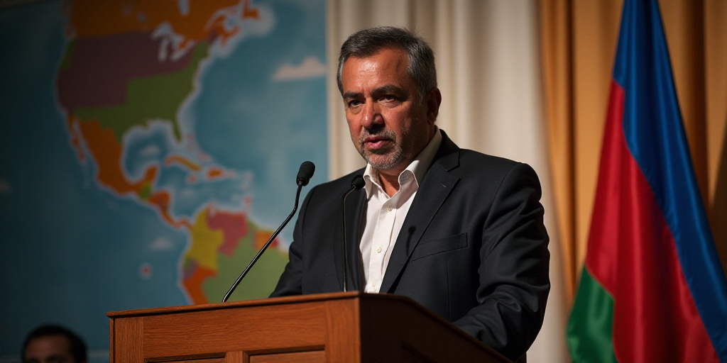 a man standing at a podium with a microphone in front of him and a flag behind him and a banner behi