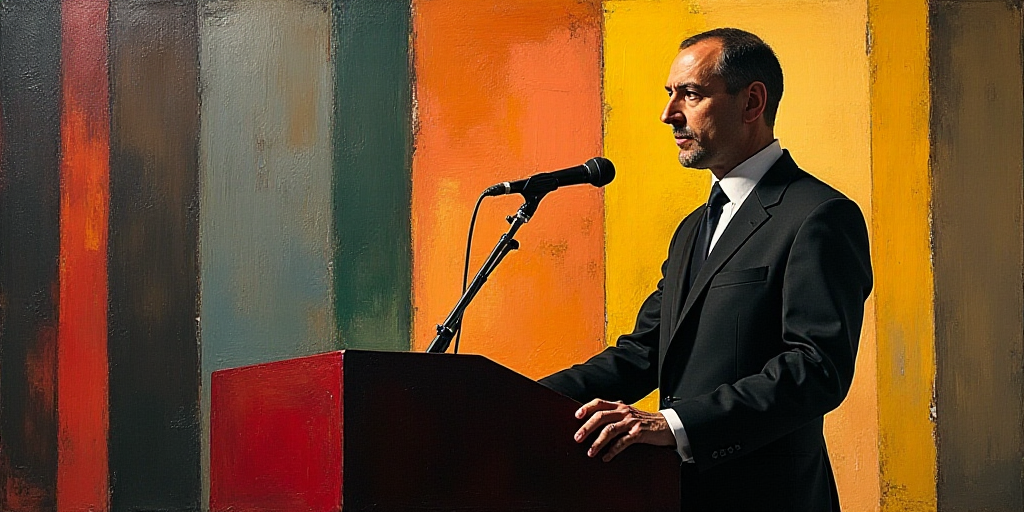a man standing at a podium with a microphone in front of him and a microphone in front of him, Beta