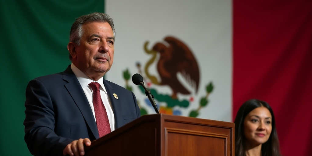 a man standing at a podium with a microphone in front of him and a woman behind him with a mexican f