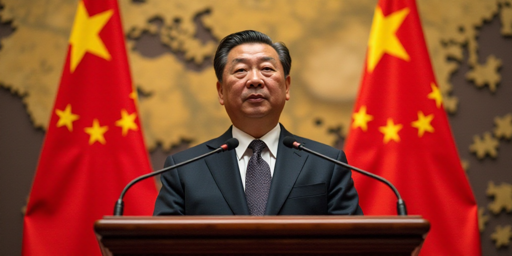 a man standing at a podium with a microphone in front of two flags and a microphone in front of him,
