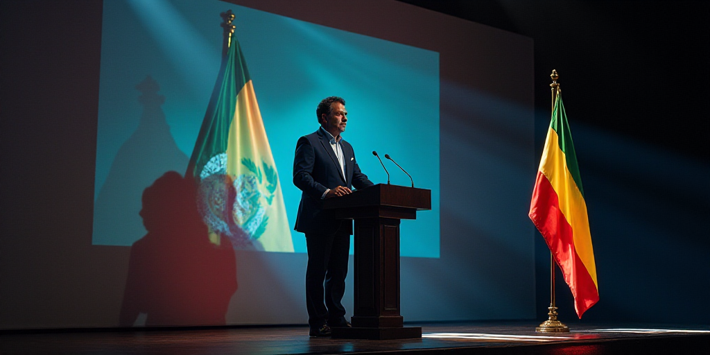 a man standing at a podium with a flag behind him and a flag behind him behind him and a flag behind