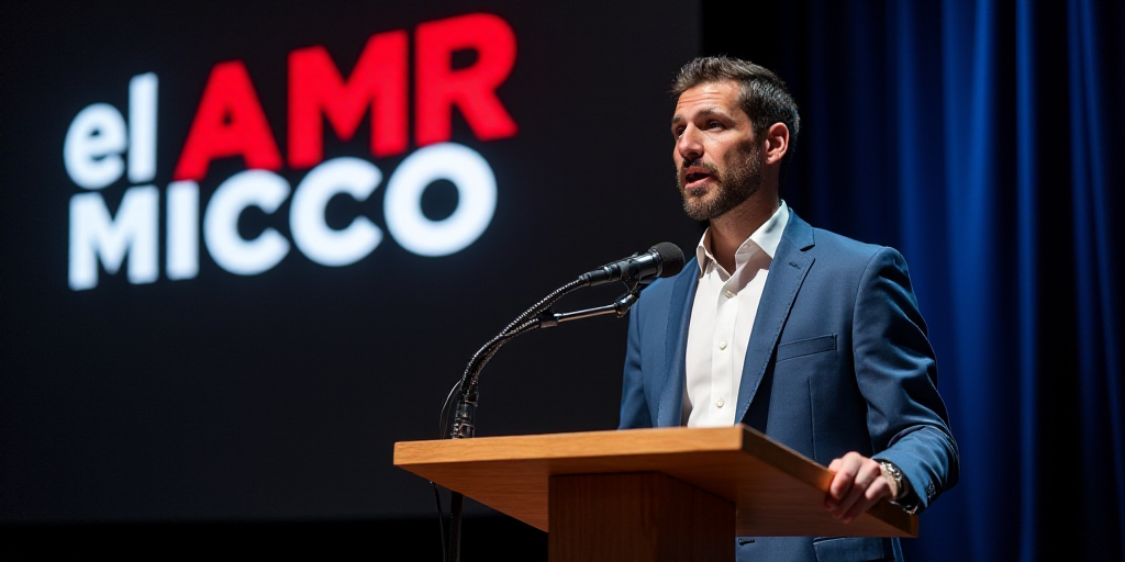a man standing at a podium with a microphone in front of him and a sign behind him that says el amr