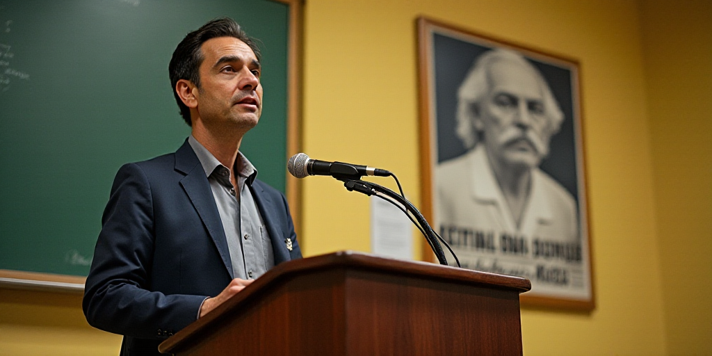 a man standing at a podium with a microphone in front of him and a poster behind him on the wall, da