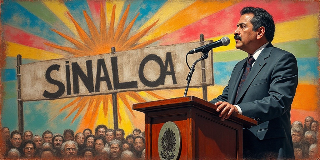 a man standing at a podium with a microphone in front of him and a sign behind him that says sinaloa