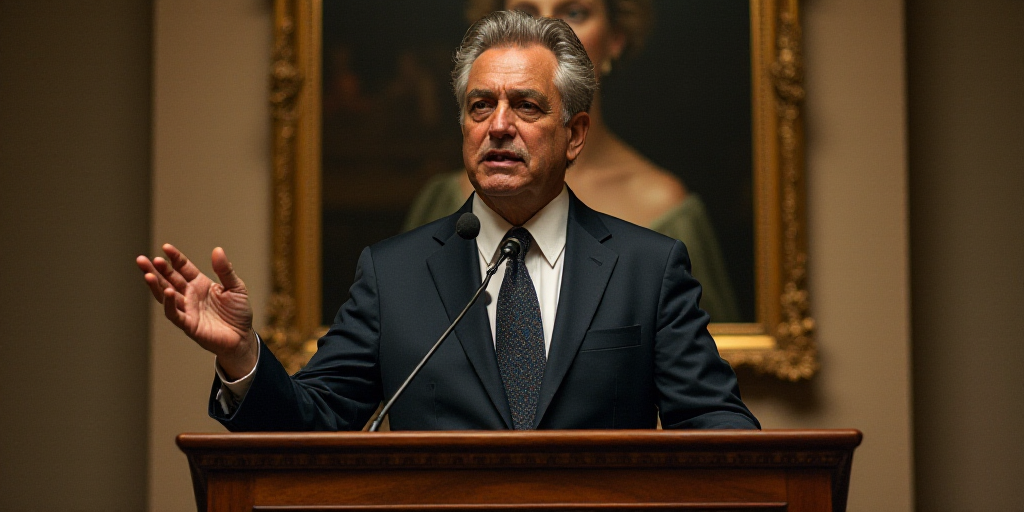 a man standing at a podium with a microphone in front of him and a picture of a woman behind him, Ag