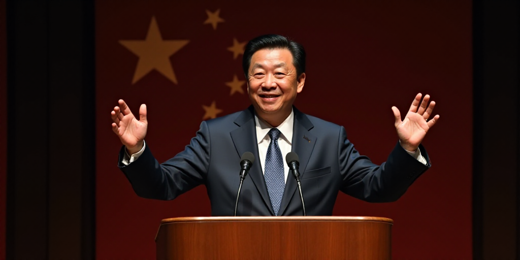 a man standing at a podium with his hands up in the air and a microphone in front of him, Ding Guanp