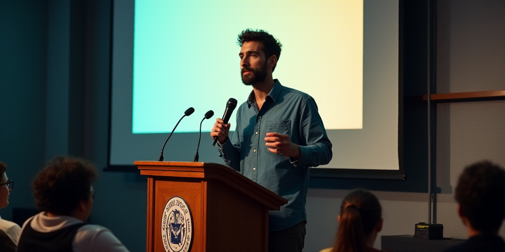 a man standing at a podium with a microphone in his hand and a microphone in his other hand, with a