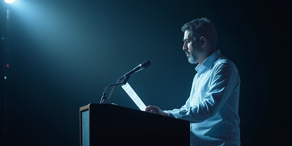 a man standing at a podium with a microphone in front of him and a piece of paper in front of him, C
